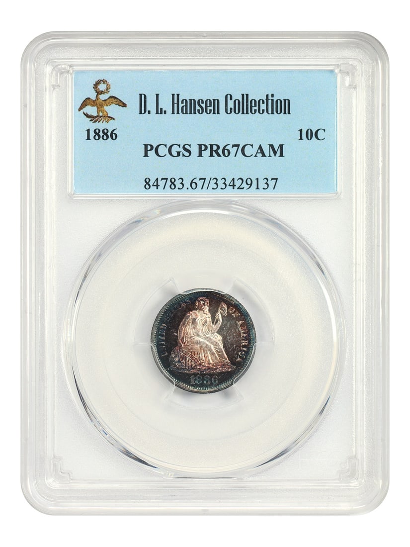 1886 Liberty Seated Dime PCGS PR67CAM ex D.L. Hansen: 1886 Liberty Seated Dime PCGS PR67CAM ex D.L. Hansen 1886 Liberty Seated Dime certified by PCGS as PR67CAM. PCGS lists none finer at this level of contrast, and NGC lists only four. This proof example