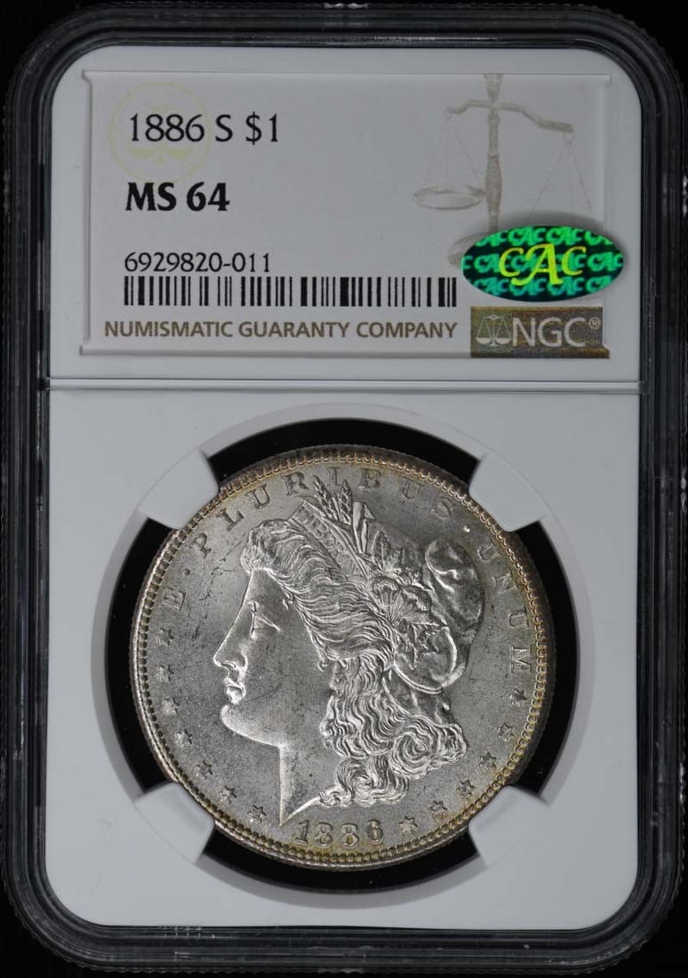 NGC MS64 CAC 1886-S Morgan Silver Dollar: NGC MS64 CAC 1886-S Morgan Silver Dollar 1886-S Morgan Dollar certified by NGC and graded MS64 with CAC approval. This pre-owned United States silver dollar is listed as uncirculated. Specifications C