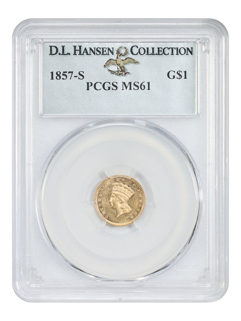 PCGS MS61 1857-S Gold Dollar G$1 ex D.L. Hansen: PCGS MS61 1857-S Gold Dollar G$1 ex D.L. Hansen 1857-S Gold Dollar graded PCGS MS61 and pedigreed ex: D.L. Hansen. This San Francisco issue had a mintage of just 10,000 pieces, and PCGS has graded onl