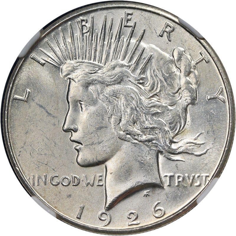 1926-S Silver Peace Dollar NGC MS62: 1926-S Silver Peace Dollar NGC MS62 This 1926-S Peace Dollar is graded MS62 by NGC and features attractive eye appeal with strong luster and a well-defined strike. The coin is mostly white in appearan