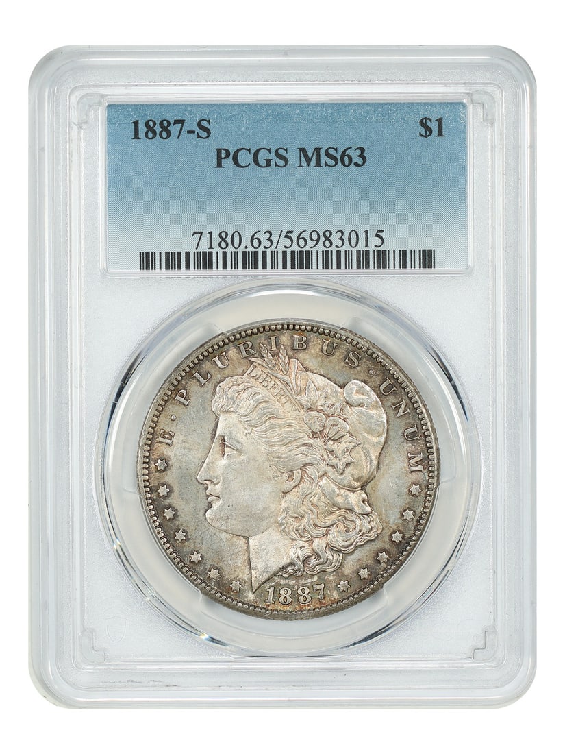 1887 S Morgan Dollar $1 PCGS MS63 San Francisco Mint: 1887 S Morgan Dollar $1 PCGS MS63 San Francisco Mint This is an 1887-S Morgan Dollar graded MS63 by PCGS. It is an uncirculated San Francisco Mint issue, with certification number 56983015. The coin i