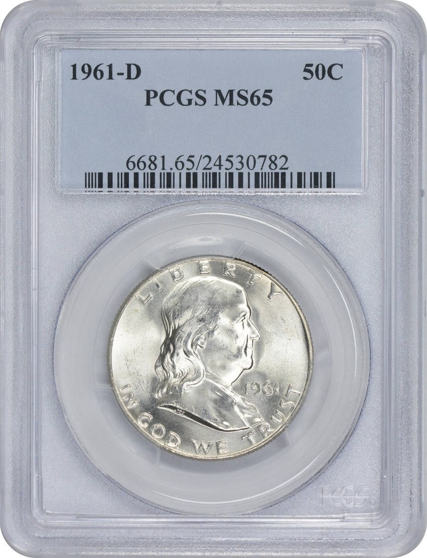 1961-D Franklin Half Dollar MS65 PCGS 90% Silver Uncirculated: 1961-D Franklin Half Dollar MS65 PCGS 90% Silver Uncirculated This 1961-D Franklin Half Dollar is graded MS65 by PCGS, indicating it is in uncirculated condition. Struck at the Denver Mint, this coin 