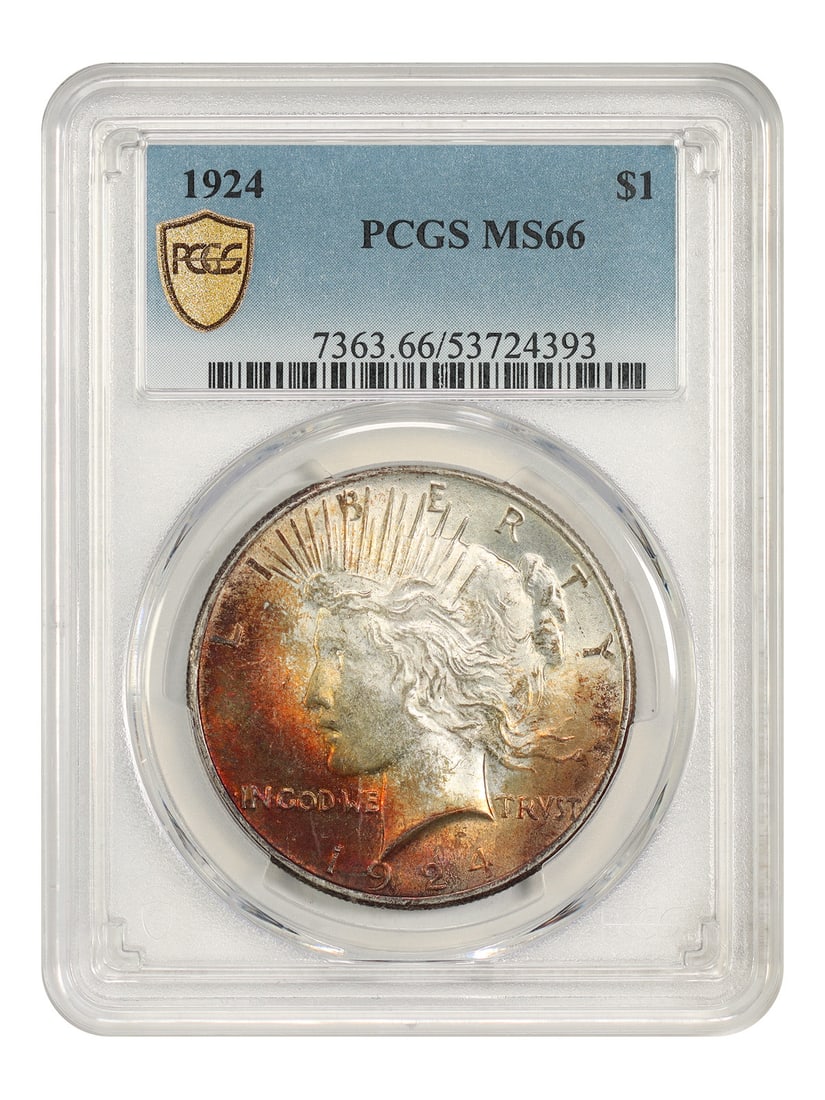 1924 Peace Dollar PCGS MS66 Scorched Rainbow Toning: 1924 Peace Dollar PCGS MS66 Scorched Rainbow Toning 1924 Peace Dollar certified by PCGS in MS66. This uncirculated example is described as one of the most common dates in the series, though notably le