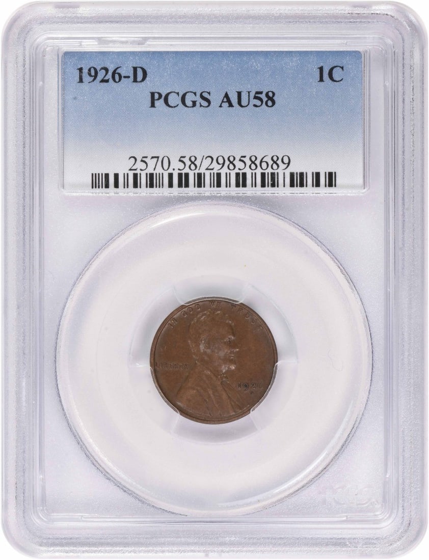 PCGS AU58 1926 D Lincoln Wheat Small Cent: PCGS AU58 1926 D Lincoln Wheat Small Cent 1926-D Lincoln Wheat small cent graded AU58 by PCGS. This pre-owned circulated United States coin is struck in copper and features the Lincoln Wheat design. S