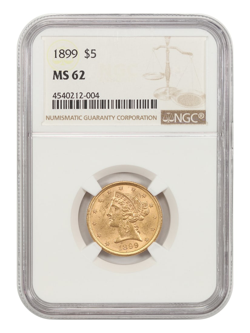 1899 Liberty Head $5 Gold Coin NGC MS62: 1899 Liberty Head $5 Gold Coin NGC MS62 1899 Liberty Head $5 gold coin certified by NGC as MS62. This pre-owned coin was struck in Philadelphia and is listed as uncirculated. Specifications Denominati