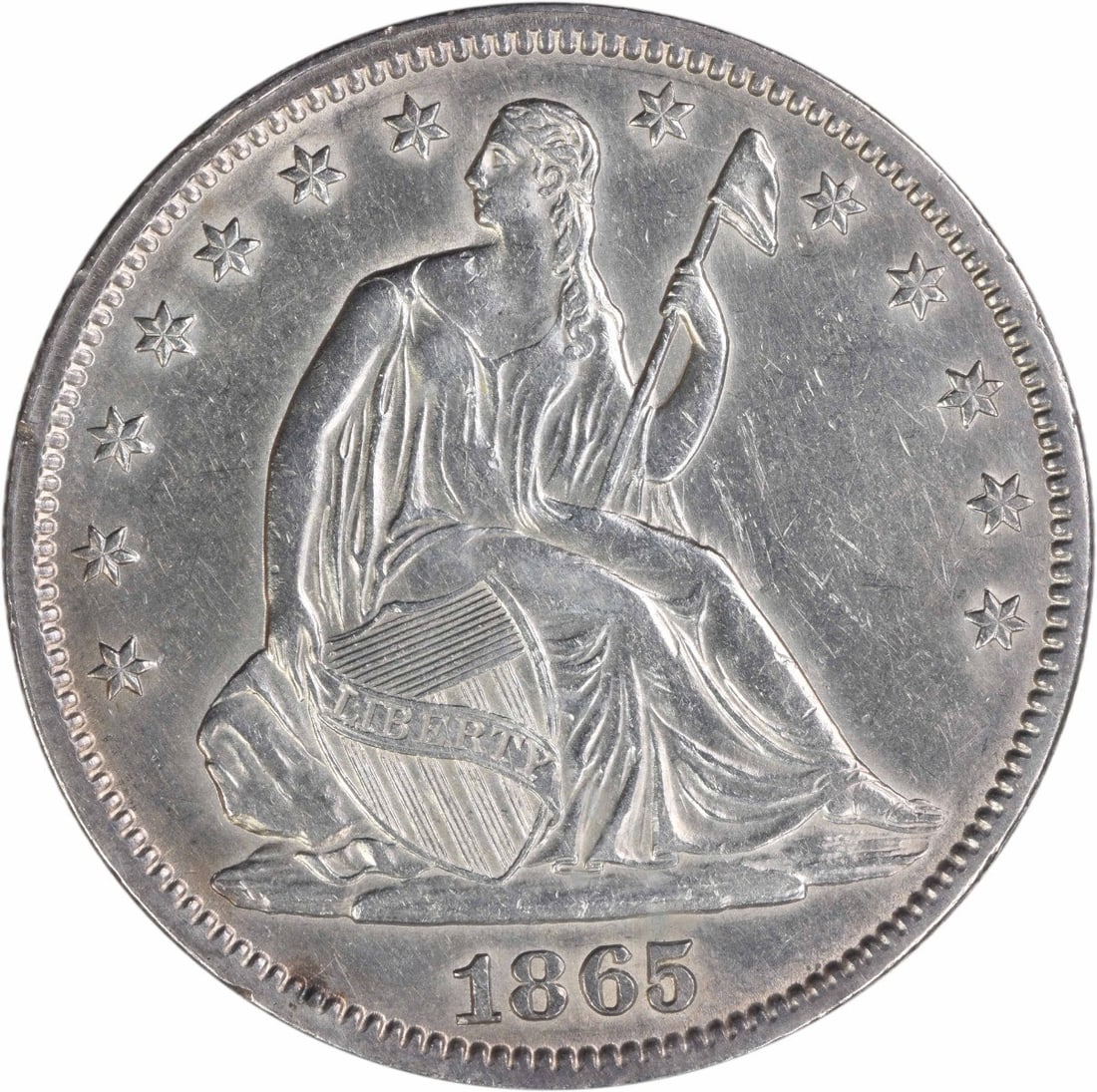 1865 Seated Liberty Half Dollar AU Grade Uncertified Philadelphia Mint: 1865 Seated Liberty Half Dollar AU Grade Uncertified Philadelphia Mint This 1865 Liberty Seated Half Dollar is a circulated coin from the Philadelphia Mint, featuring the iconic Seated Liberty design 