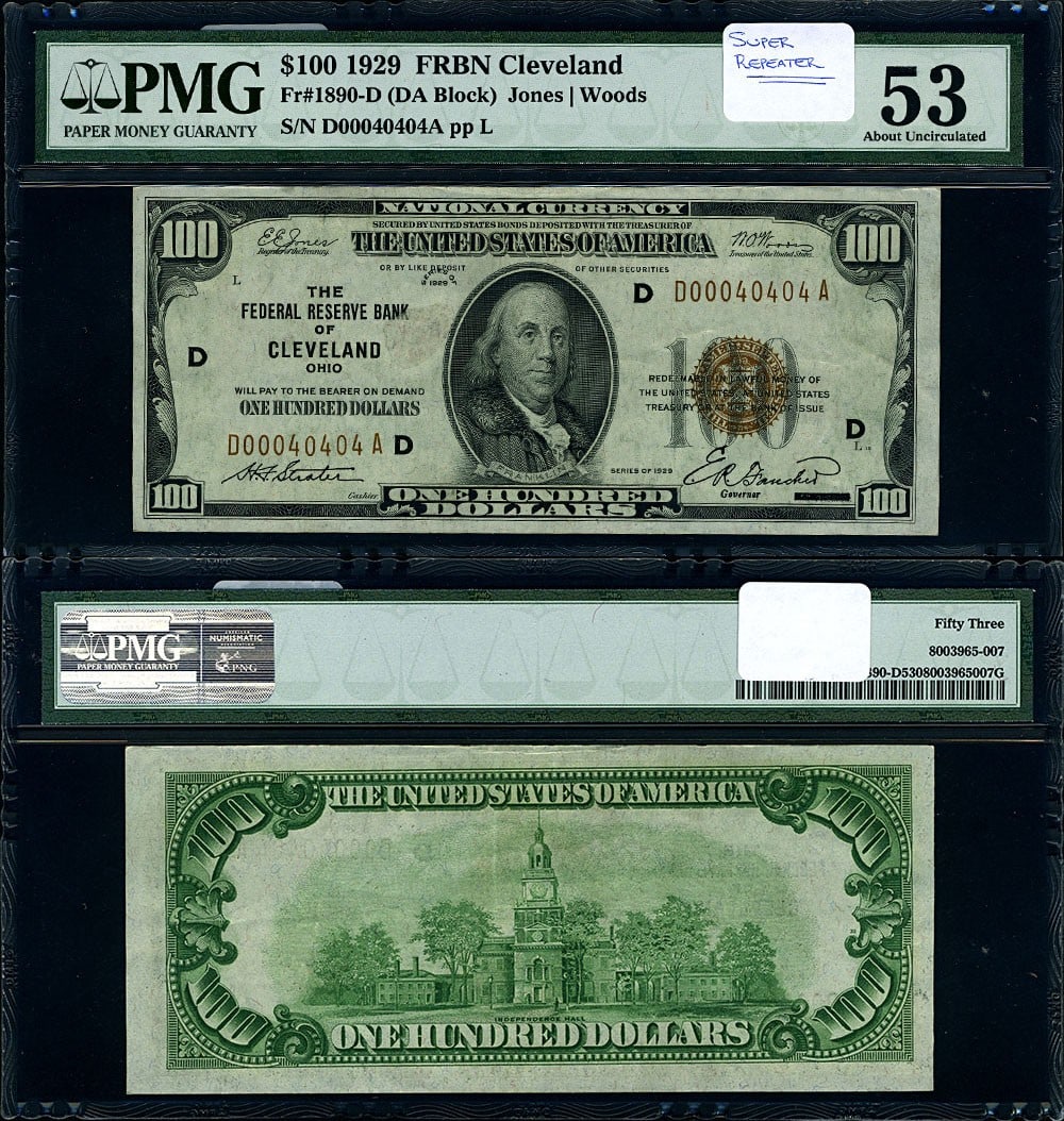 1929 $100 Federal Reserve Note D00040404A PMG AU53 Certified: 1929 $100 Federal Reserve Note D00040404A PMG AU53 Certified This 1929 Federal Reserve Bank Note, designated as FR. 1890 D, features a denomination of $100 and is graded AU53 by PMG. This note is circ