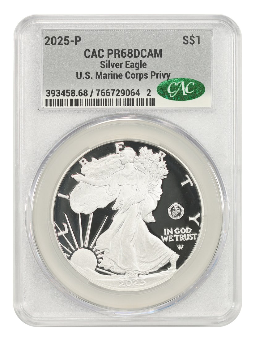 CACG PR68DCAM 2025-P $1 Silver Eagle U.S. Marine Corps Privy: CACG PR68DCAM 2025-P $1 Silver Eagle U.S. Marine Corps Privy 2025-P $1 Silver Eagle certified by CACG with a PR68DCAM grade and the Marine Corps Privy Mark in the right obverse field. This fresh 2025 