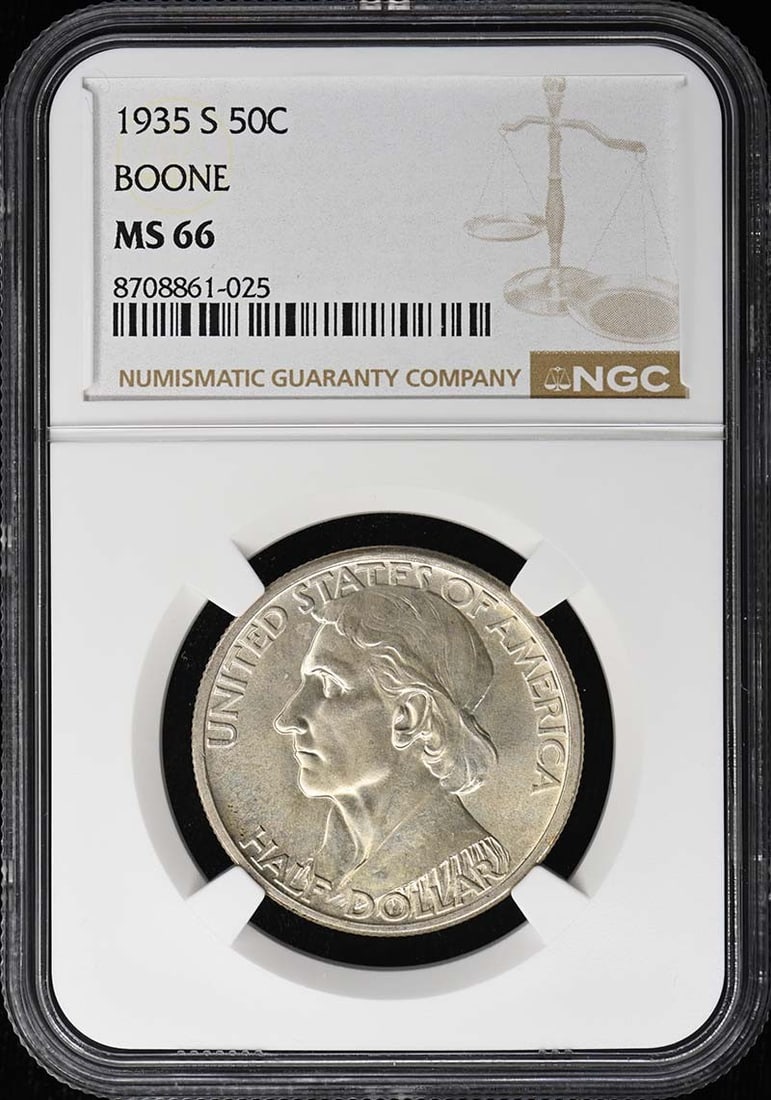 NGC MS66 1935 Boone 50C Silver Commemorative San Francisco Mint: NGC MS66 1935 Boone 50C Silver Commemorative San Francisco Mint 1935-S Boone silver commemorative half dollar certified by NGC and graded MS66. This pre-owned coin is listed as uncirculated and was mi