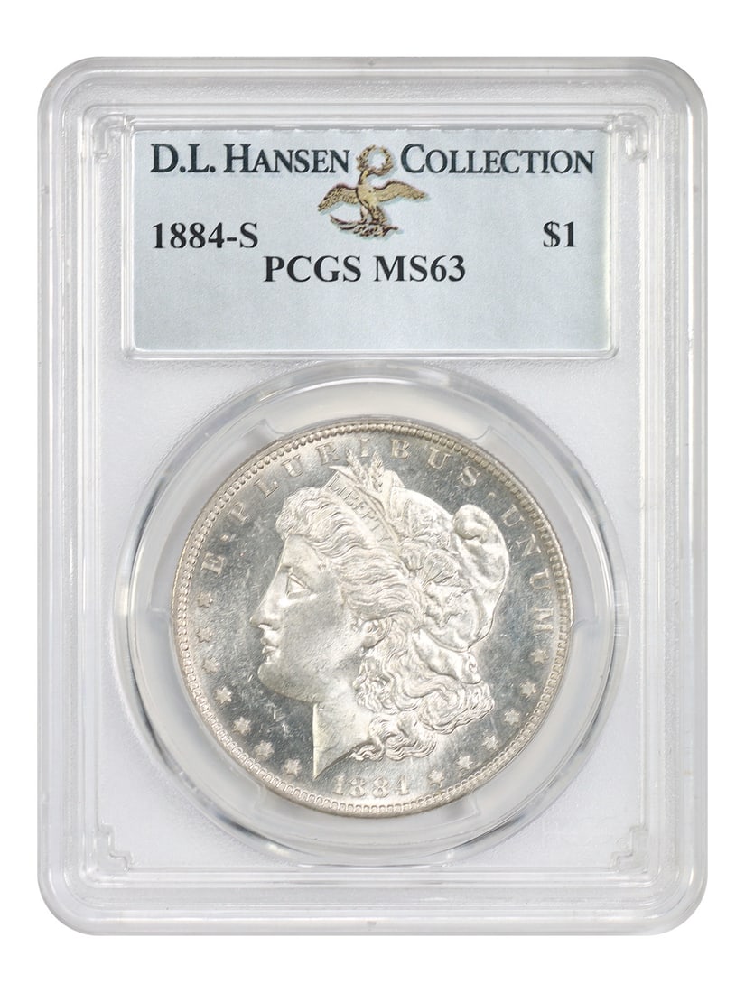 PCGS MS63 1884-S Morgan Dollar ex D.L. Hansen: PCGS MS63 1884-S Morgan Dollar ex D.L. Hansen 1884-S Morgan Dollar certified by PCGS in MS63 grade. This uncirculated example is noted in the original description as a key date S-Mint issue with nice 