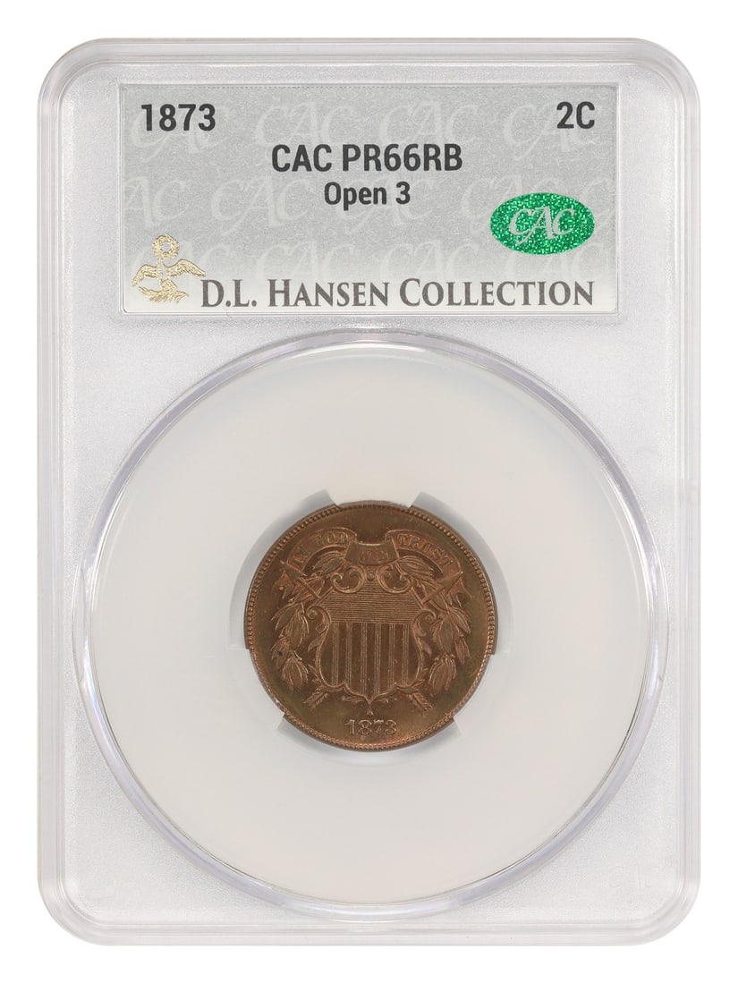 1873 Open 3 Two Cent Proof PR66RB CACG ex D.L. Hansen: 1873 Open 3 Two Cent Proof PR66RB CACG ex D.L. Hansen 1873 Two Cent proof coin, Open 3 variety, certified by CACG and pedigreed ex: D.L. Hansen. This rare proof-only final-year issue is the widely col