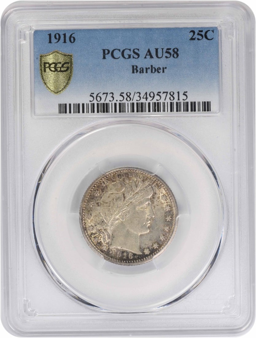 PCGS AU58 1916 Silver Barber Quarter Philadelphia Mint 25C: PCGS AU58 1916 Silver Barber Quarter Philadelphia Mint 25C This 1916 Barber Quarter from the Philadelphia Mint is graded AU58 by PCGS. Designed by Charles E. Barber, this pre-owned coin features a com
