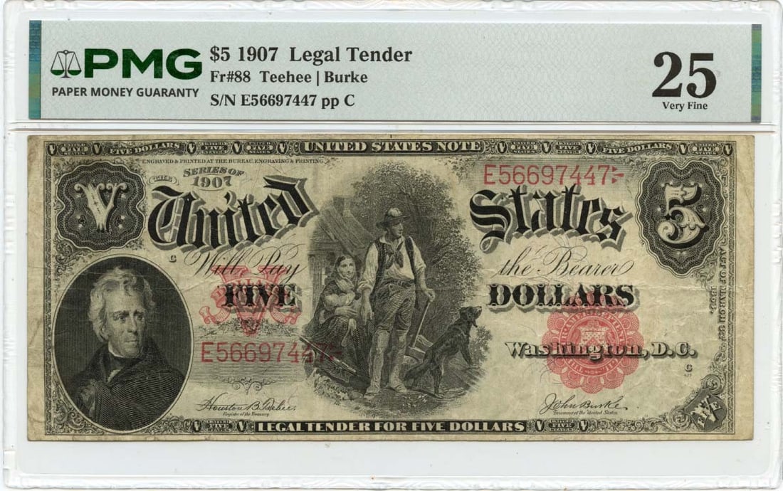 PMG VF25 1907 $5 United States Legal Tender Note Fr 88 Woodchopper: PMG VF25 1907 $5 United States Legal Tender Note Fr 88 Woodchopper 1907 United States $5 Legal Tender Note, Friedberg #88, graded PMG VF25. This circulated pre-owned note is the Woodchopper type and i