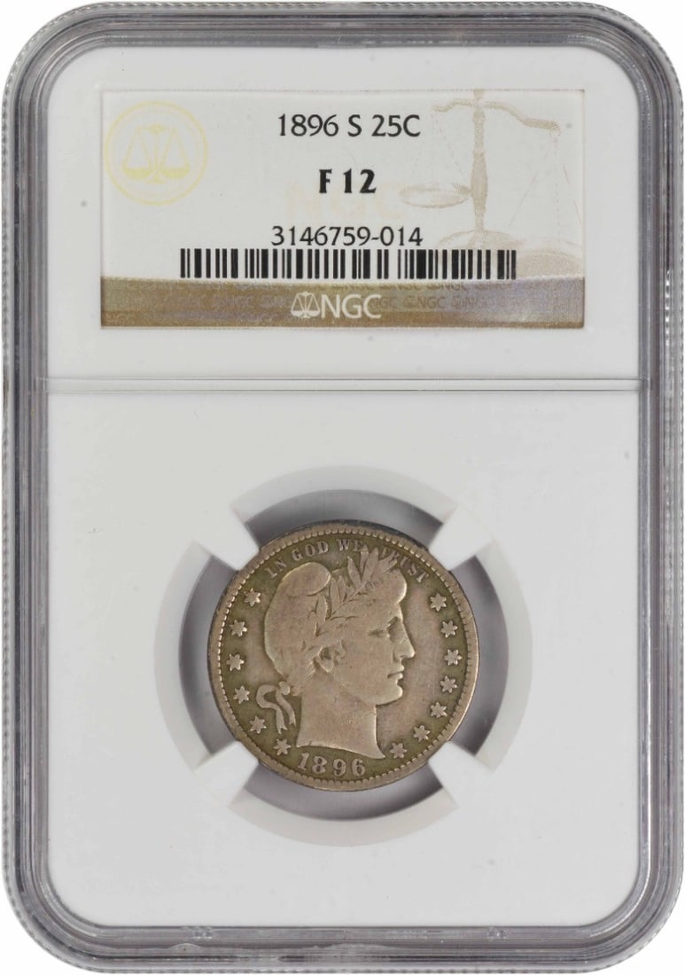 NGC Certified 1896 San Francisco Barber Quarter Fine 12 Silver Coin: NGC Certified 1896 San Francisco Barber Quarter Fine 12 Silver Coin This 1896-S Barber Silver Quarter is a circulated coin certified by NGC with a grade of F12. Minted in San Francisco, it features th
