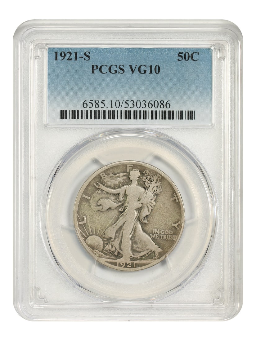 PCGS VG10 1921 S Walking Liberty 50C Key Date: PCGS VG10 1921 S Walking Liberty 50C Key Date 1921-S Walking Liberty Half Dollar graded PCGS VG10. This circulated key date issue is noted as the key to the Walker set in most grades from VG to MS64. 