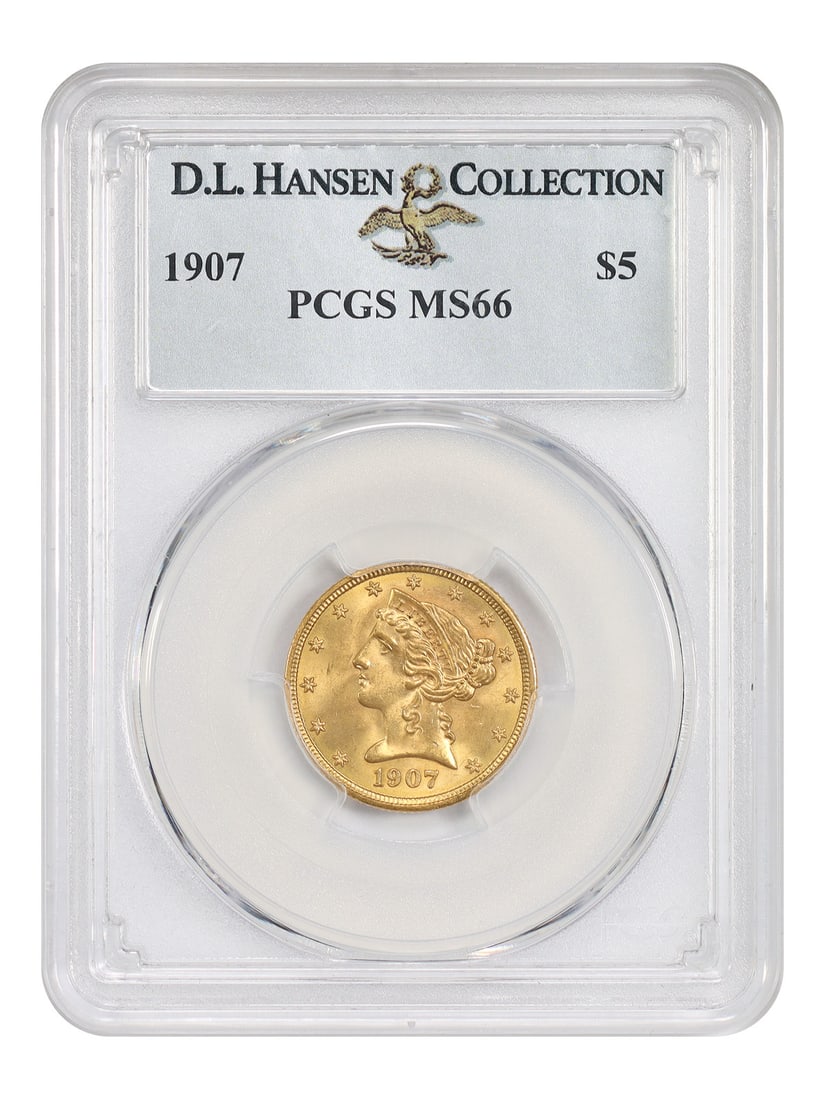 1907 Liberty Head $5 Gold Coin PCGS MS66 ex D.L. Hansen: 1907 Liberty Head $5 Gold Coin PCGS MS66 ex D.L. Hansen 1907 Liberty Head $5 gold coin certified by PCGS as MS66. This uncirculated example is ex: D.L. Hansen. Liberty Head gold Half Eagles can be dif