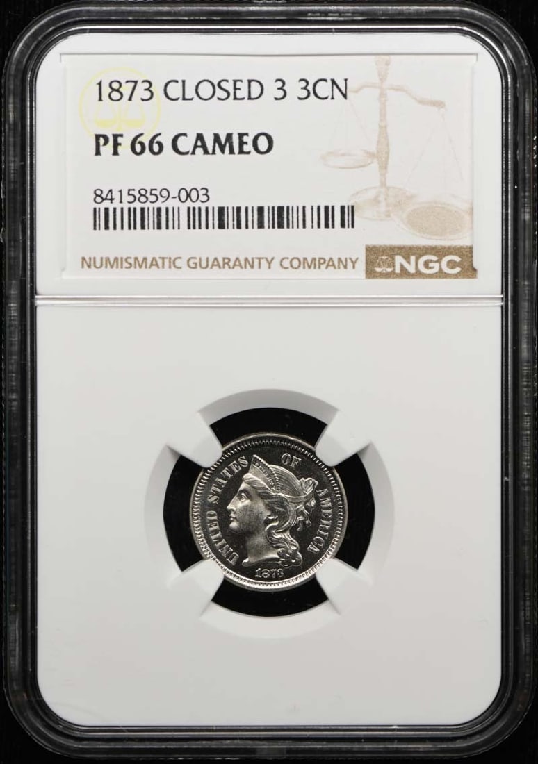 NGC PR66CAM 1873 Closed 3 Three Cent Nickel Proof: NGC PR66CAM 1873 Closed 3 Three Cent Nickel Proof 1873 Three Cent Nickel proof coin with the Closed 3 variety. Graded PR66CAM by NGC, this pre-owned United States coin is an uncirculated proof issue w