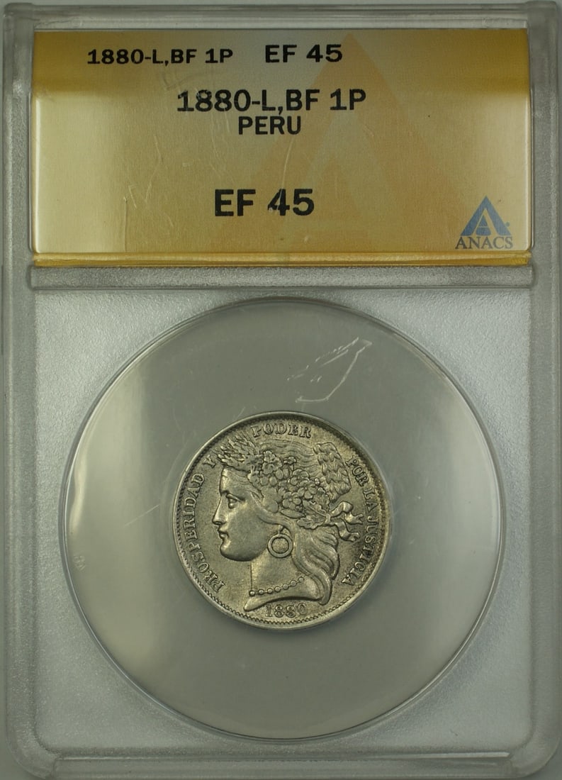 Peru 1880-L BF 1 Peseta Silver ANACS EF-45 Certified Coin: Peru 1880-L BF 1 Peseta Silver ANACS EF-45 Certified Coin This 1880-L BF 1 Peseta coin from Peru features a silver composition and has been graded EF 45 by ANACS. The coin is circulated and dates back
