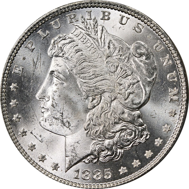 PCGS MS64 1885 Philadelphia Morgan Dollar VAM 1C Pitted Reverse: PCGS MS64 1885 Philadelphia Morgan Dollar VAM 1C Pitted Reverse This original 1885-P Morgan Silver Dollar features the VAM 1C pitted reverse variety and is graded MS64 by PCGS. The coin displays excep