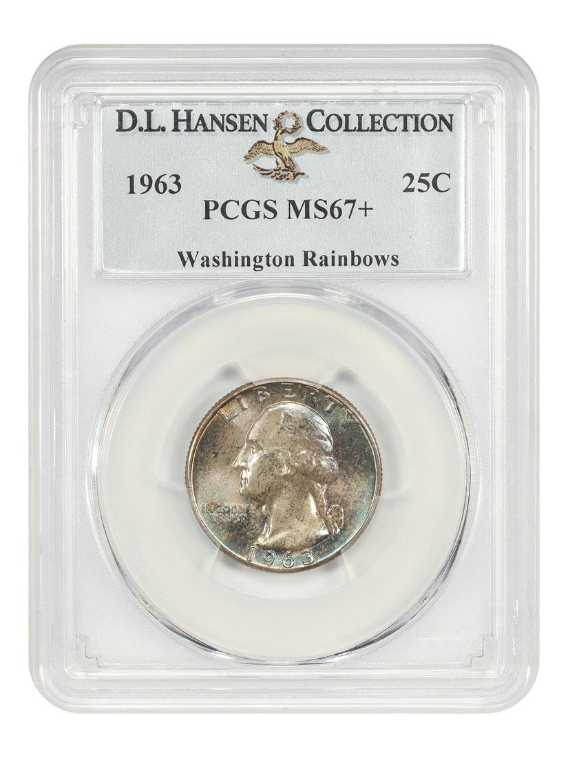 Washington Quarter 1963 25C PCGS MS67+ ex D.L. Hansen: Washington Quarter 1963 25C PCGS MS67+ ex D.L. Hansen 1963 Washington Quarter certified by PCGS as MS67+. This uncirculated example is noted as ex: D.L. Hansen/Washington Rainbows and is described as 