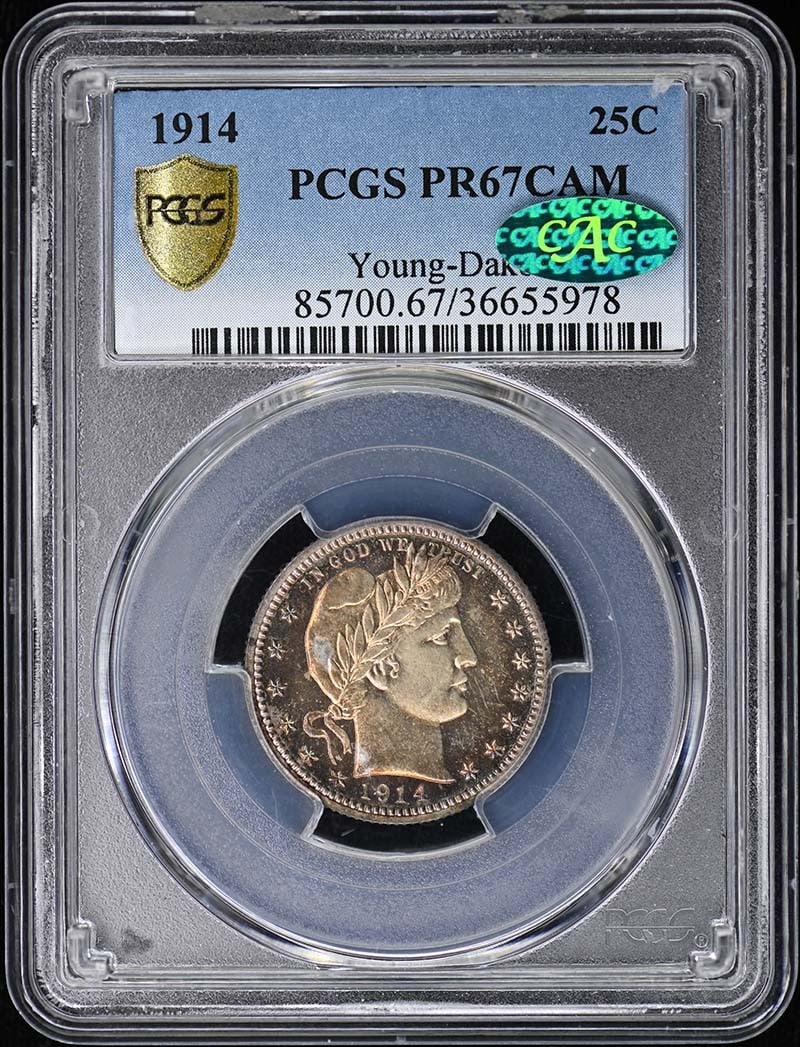 1914 Barber Quarter 25C PCGS PR67CAM CAC: 1914 Barber Quarter 25C PCGS PR67CAM CAC This 1914 Barber Quarter is a proof strike graded PR67CAM by PCGS and features the CAC designation. Minted in Philadelphia, this uncirculated coin represents t
