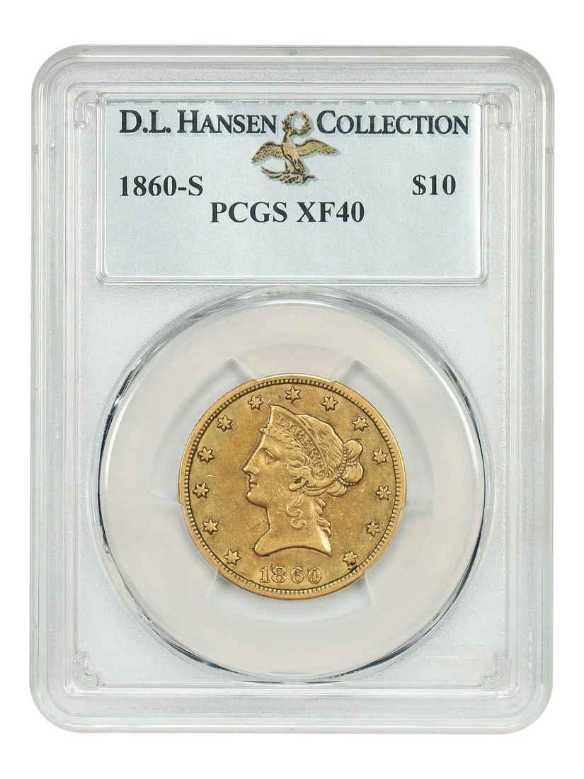 PCGS XF40 1860-S Liberty Head $10 Gold Eagle ex D.L. Hansen: PCGS XF40 1860-S Liberty Head $10 Gold Eagle ex D.L. Hansen 1860-S Liberty Head $10 gold coin graded PCGS XF40. This circulated example is ex: D.L. Hansen. It is a highly elusive San Francisco Mint is