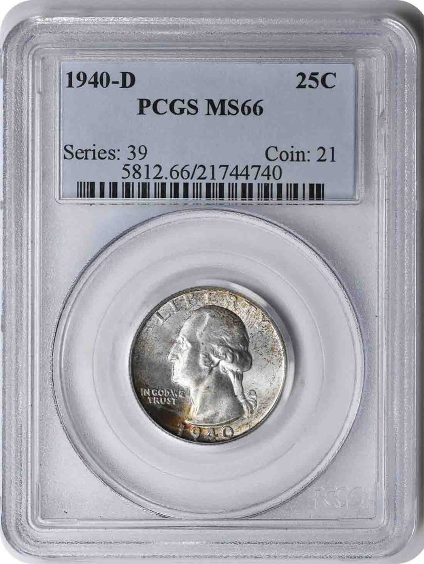 MS66 1940 Denver Silver Washington Quarter Certified by PCGS: MS66 1940 Denver Silver Washington Quarter Certified by PCGS This 1940-D Washington Quarter is composed of 90% silver and 10% copper, and was struck at the Denver Mint. Certified by PCGS with a grade 