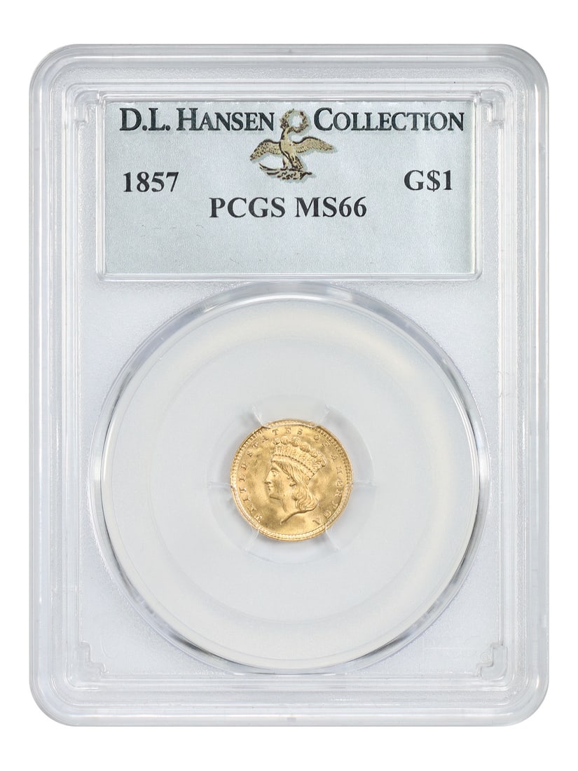 1857 Gold Dollar G$1 PCGS MS66 ex D.L. Hansen: 1857 Gold Dollar G$1 PCGS MS66 ex D.L. Hansen 1857 Gold Dollar graded PCGS MS66. Traditionally considered a common date, the 1857 gold dollar is noted here as surprisingly elusive in gem and finer gra