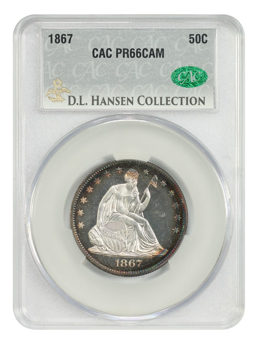 Liberty Seated Half Dollar 1867 50C CACG PR66CAM ex D.L. Hansen: Liberty Seated Half Dollar 1867 50C CACG PR66CAM ex D.L. Hansen 1867 Liberty Seated Half Dollar certified by CACG in PR66CAM. This proof issue is one of just 625 coins struck in proof format. The coin
