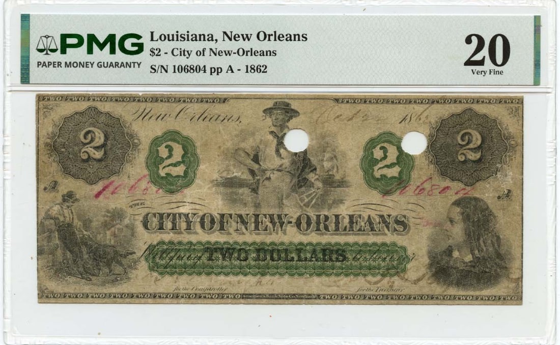 PMG VF20 1862 City of New Orleans Louisiana $2 Obsolete Note (1 of 2)
