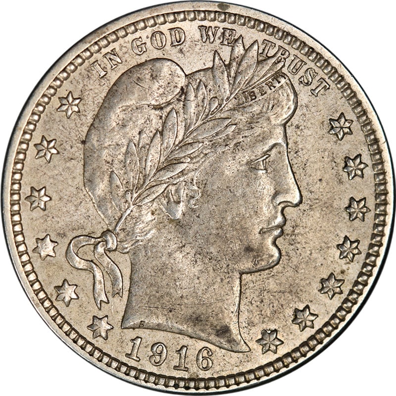 1916 Denver Barber silver quarter AU BU: 1916 Denver Barber silver quarter AU BU This 1916-D Barber Quarter is a silver coin from the United States featuring the classic Liberty profile with a laurel wreath. The coin is in AU/BU condition, s