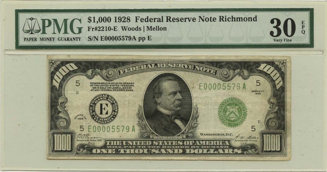PMG VF30 EPQ 1928 Richmond Federal Reserve Note FR#2210-Edgs $1000 (1 of 2)