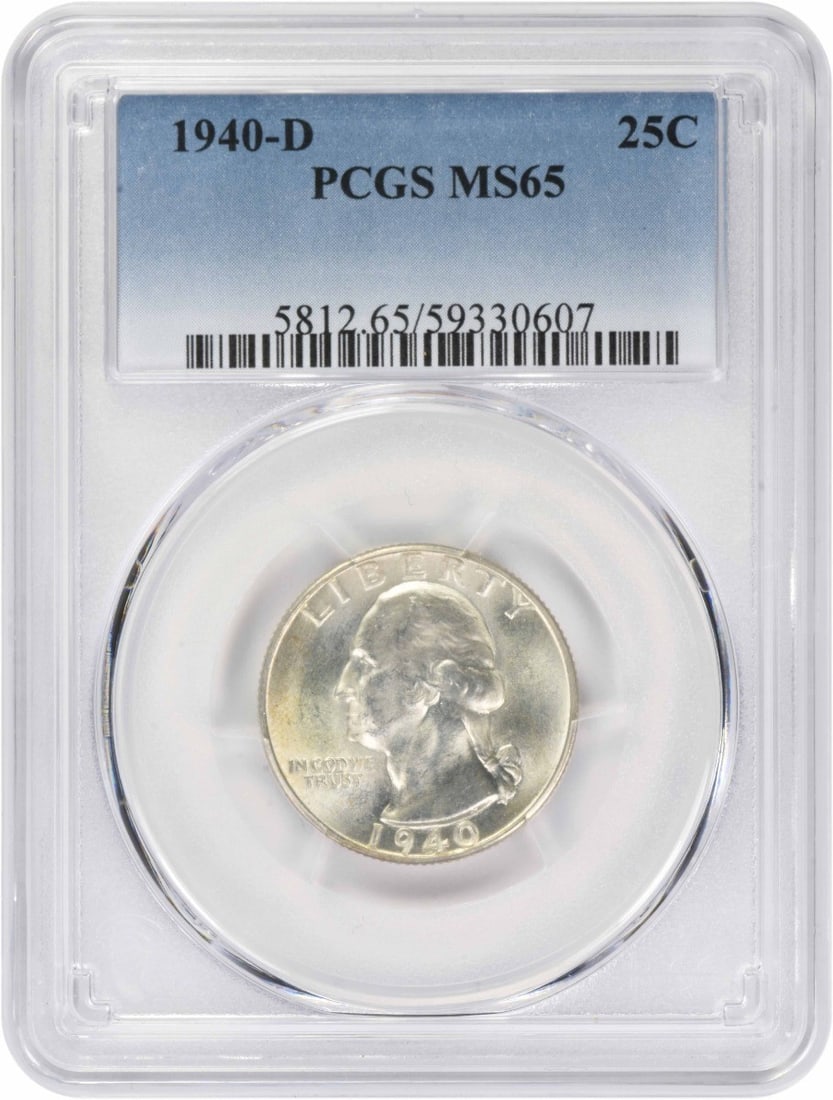 PCGS MS65 1940-D 25C Washington Quarter: PCGS MS65 1940-D 25C Washington Quarter 1940-D Washington Quarter graded MS65 by PCGS. This uncirculated coin is struck in 90% silver and 10% copper, with a reeded edge and a 24.30 mm diameter. It was