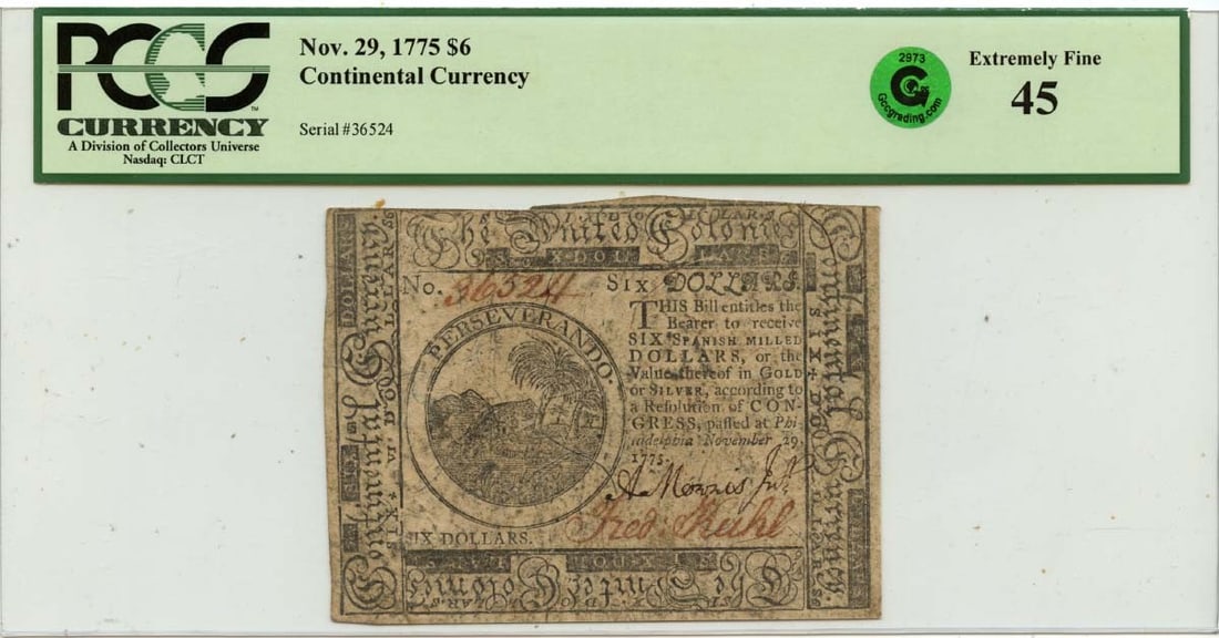 Continental Currency Six Dollar Note November 29 1775 PCGS XF45: Continental Currency Six Dollar Note November 29 1775 PCGS XF45 This is a $6 Continental Currency note dated November 29, 1775. The note has been graded XF45 by PCGS Currency, indicating it is in Extr