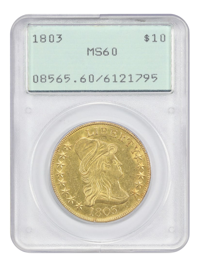 1803 Draped Bust $10 Gold Coin PCGS MS60 OGH Rattler: 1803 Draped Bust $10 Gold Coin PCGS MS60 OGH Rattler 1803 Draped Bust $10 gold coin graded PCGS MS60 and housed in an OGH Rattler holder. The original description notes this as an example of the Extra