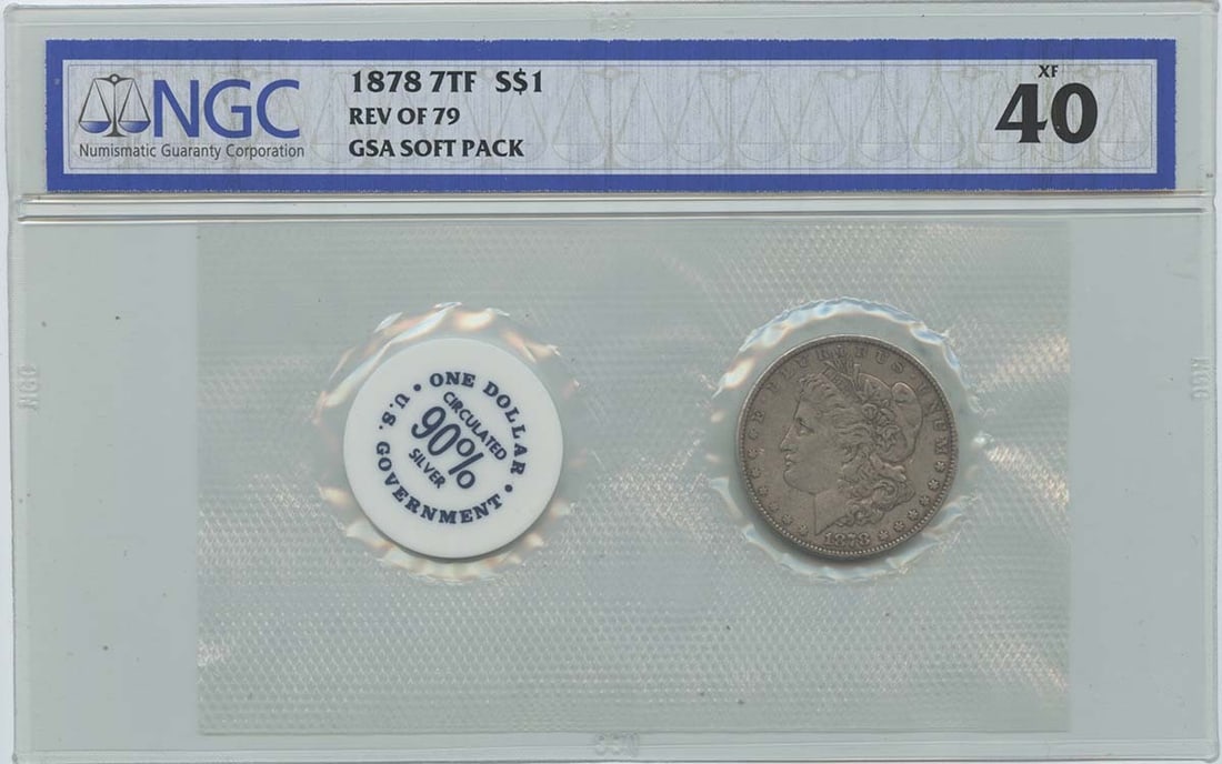 NGC XF40 1878 Morgan Dollar 7 Tail Feathers Reverse of 1879 GSA Soft Pack: NGC XF40 1878 Morgan Dollar 7 Tail Feathers Reverse of 1879 GSA Soft Pack This is a 1878 Morgan Dollar with 7 Tail Feathers and Reverse of 1879, presented in a GSA soft pack. Certified by NGC with a g