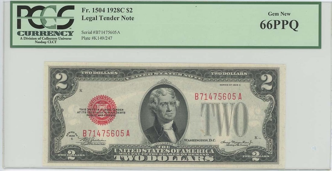 1928 $2 Legal Tender Note FR#1504 PCGS 66 PPQ Uncirculated: 1928 $2 Legal Tender Note FR#1504 PCGS 66 PPQ Uncirculated This 1928 $2 Legal Tender Note, certified by PCGS, is a remarkable piece for collectors. With a grade of MS66, this uncirculated note is in p