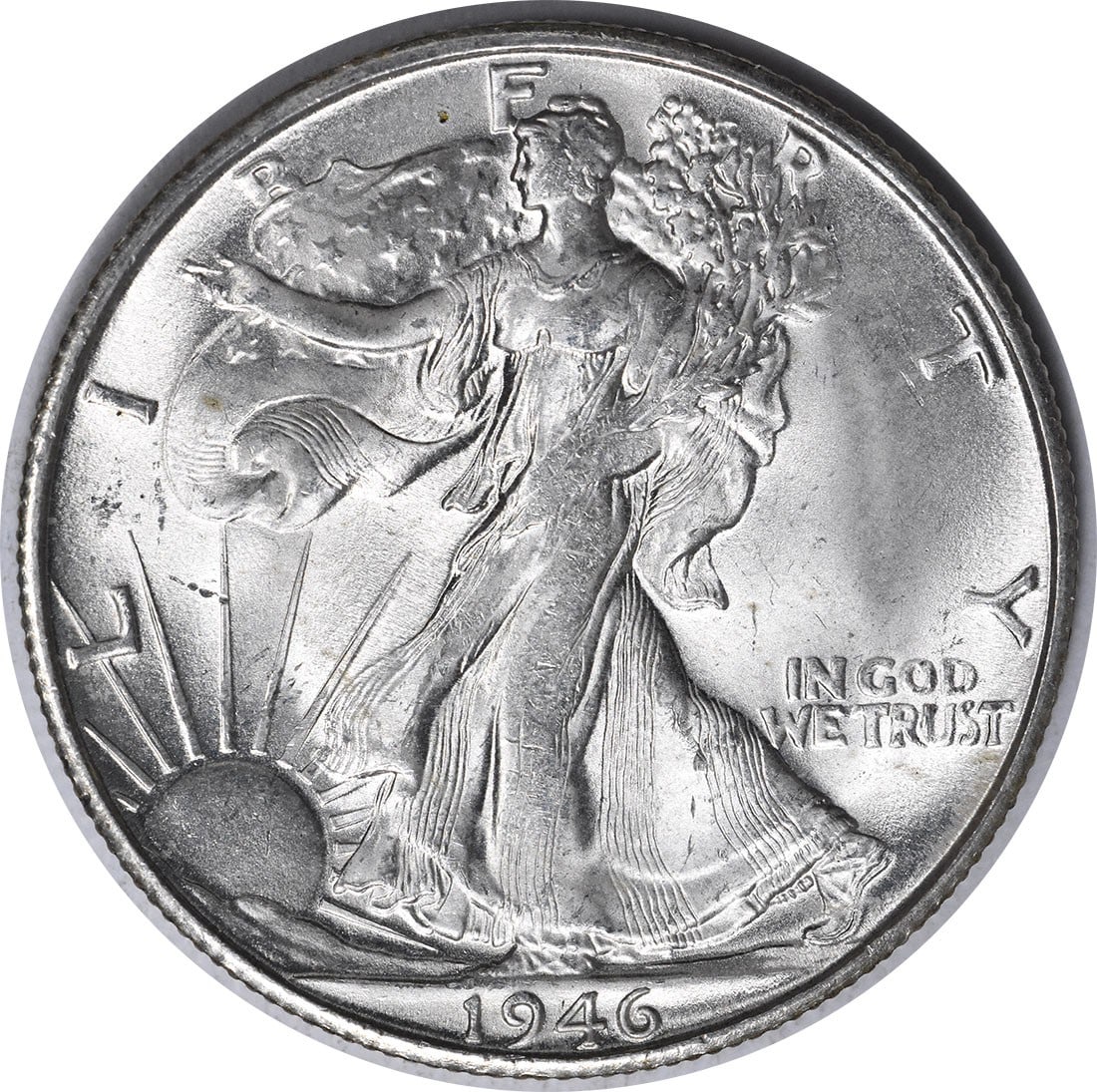 1946-S/S Walking Liberty 50C RPM1 Choice BU+ Uncertified: 1946-S/S Walking Liberty 50C RPM1 Choice BU+ Uncertified This is a 1946 Walking Liberty Silver Half Dollar featuring the S/S RPM1 variety. The coin is uncirculated and graded as Choice BU+, offering a