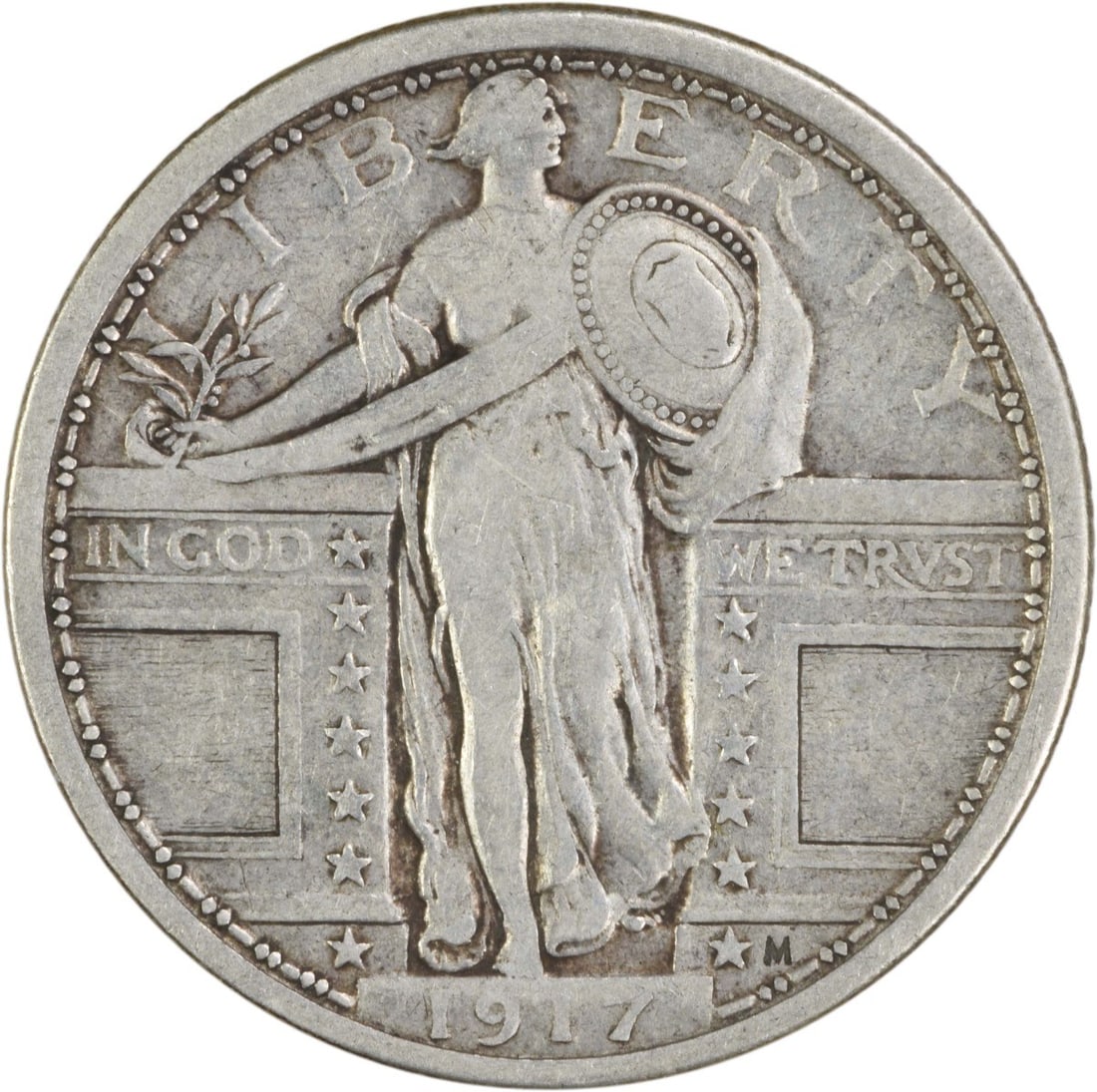 1917 Standing Liberty Quarter 90% Silver VF Uncertified: 1917 Standing Liberty Quarter 90% Silver VF Uncertified This 1917 Standing Liberty Silver Quarter Type 1 is a captivating piece of United States coinage. It features the classic design by Hermon A. Ma
