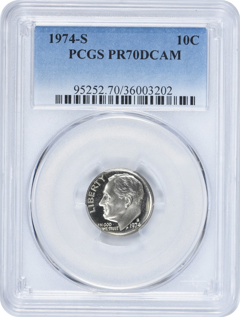 1974-S Roosevelt Dime PR70DCAM Certified PCGS San Francisco: 1974-S Roosevelt Dime PR70DCAM Certified PCGS San Francisco This 1974-S Roosevelt Dime is graded PR70DCAM by PCGS, showcasing its exceptional proof quality. Minted in San Francisco, this uncirculated 