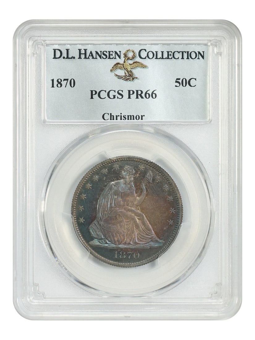 Liberty Seated Half Dollar 1870 50C PCGS PR66 ex D.L. Hansen Chrismor: Liberty Seated Half Dollar 1870 50C PCGS PR66 ex D.L. Hansen Chrismor 1870 Liberty Seated Half Dollar graded PCGS PR66. From a low mintage of just 1,000 coins struck, this premium gem is among the fin