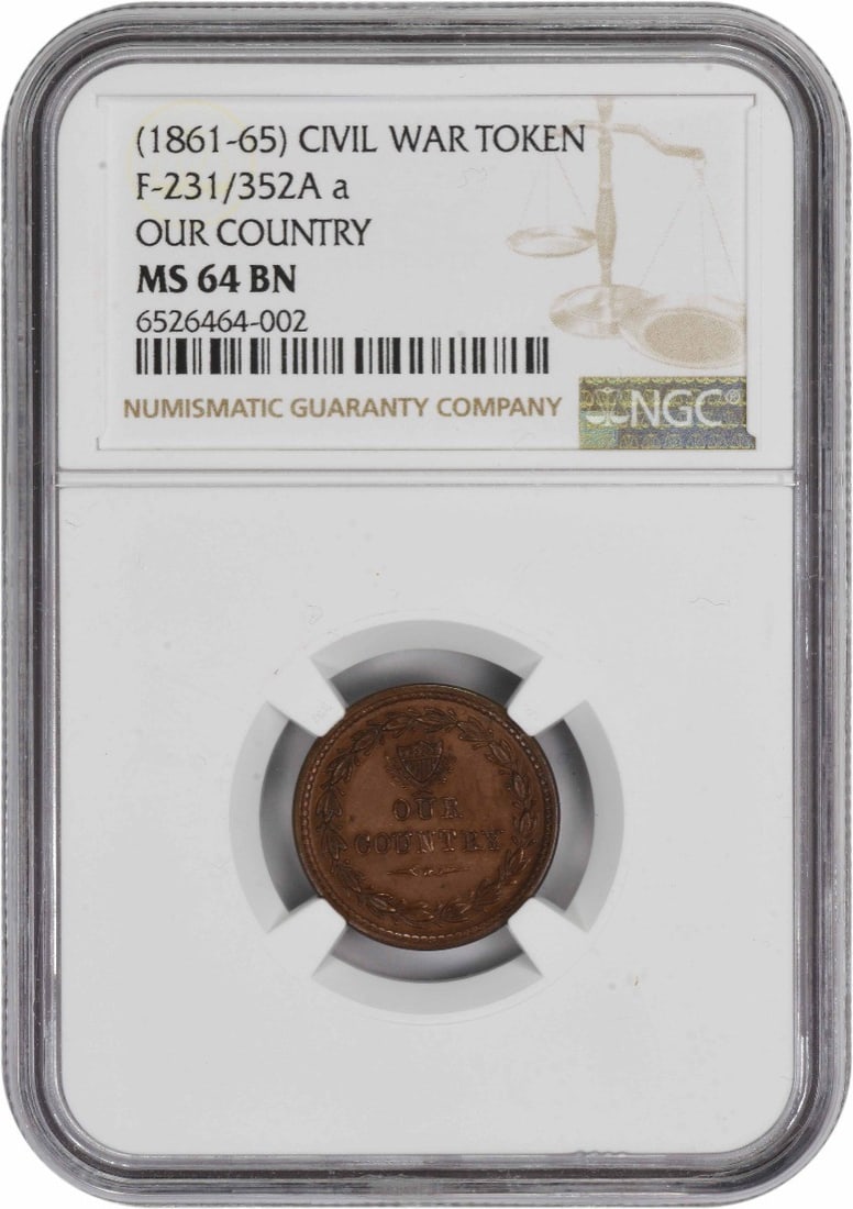 NGC MS64BN 1861-65 Our Country Civil War Copper Token 231 352A: NGC MS64BN 1861-65 Our Country Civil War Copper Token 231 352A Uncirculated Civil War token from the 1861-65 period, designated "Our Country" 231/352A and graded MS64BN by NGC. The token is composed o