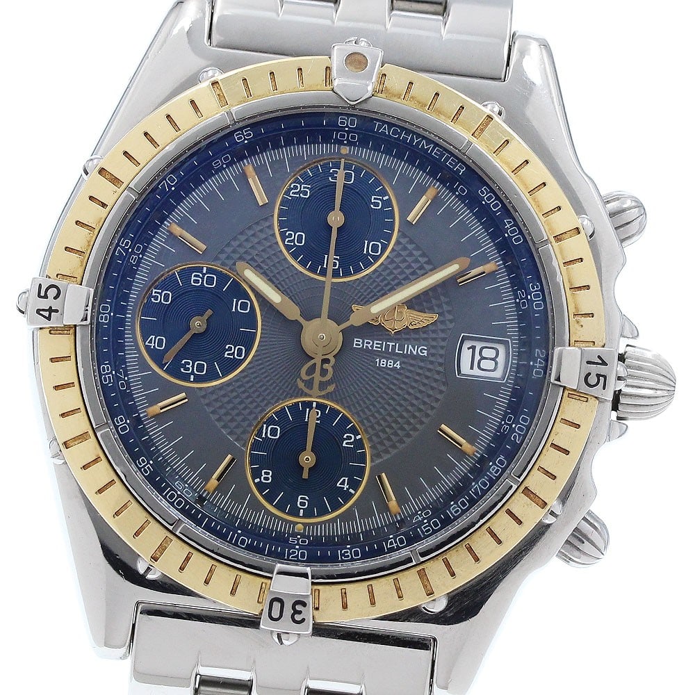 Breitling Chronomat D13050.1 mens automatic watch with date YG bezel: Breitling Chronomat D13050.1 mens automatic watch with date YG bezel This Breitling Chronomat men's wristwatch is a pre-owned automatic model with a stainless steel and yellow gold case, stainless ste