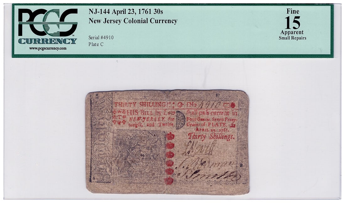 New Jersey Colonial 30 Shillings Note 1761 PCGS Fine 15 Apparent: New Jersey Colonial 30 Shillings Note 1761 PCGS Fine 15 Apparent New Jersey Colonial currency note dated April 23, 1761, issued in the 30 Shillings denomination. This circulated example is certified b