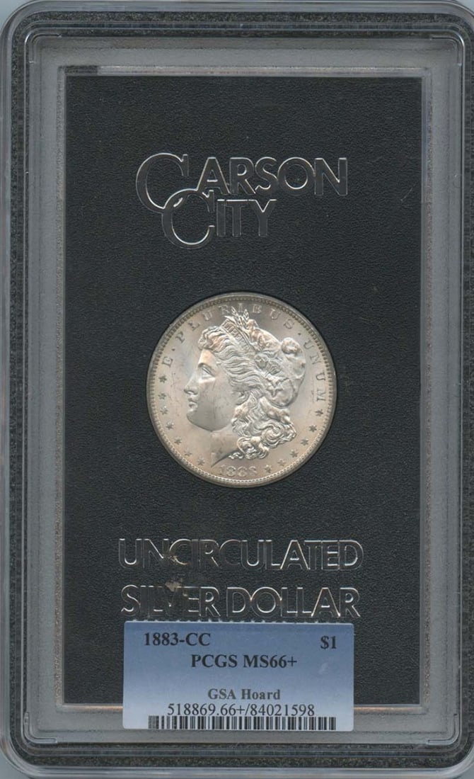 PCGS MS66 Plus 1883 Carson City Morgan Dollar GSA Hoard: PCGS MS66 Plus 1883 Carson City Morgan Dollar GSA Hoard This is an 1883-CC Morgan Dollar from the GSA Hoard, graded MS66+ by PCGS. The coin was minted in Carson City and remains in uncirculated, pre-o