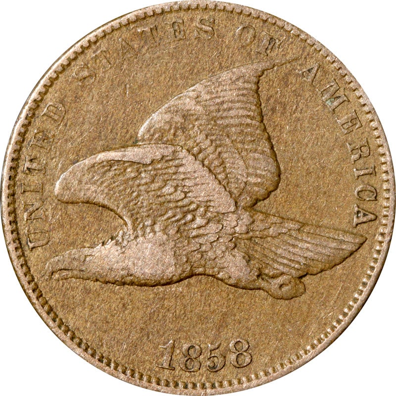 1858 Flying Eagle Cent Copper Coin Circulated: 1858 Flying Eagle Cent Copper Coin Circulated 1858 Flying Eagle Cent made of copper and dated 1858. The coin is pre-owned and listed as circulated. Certification is uncertified. Specifications Item Ty