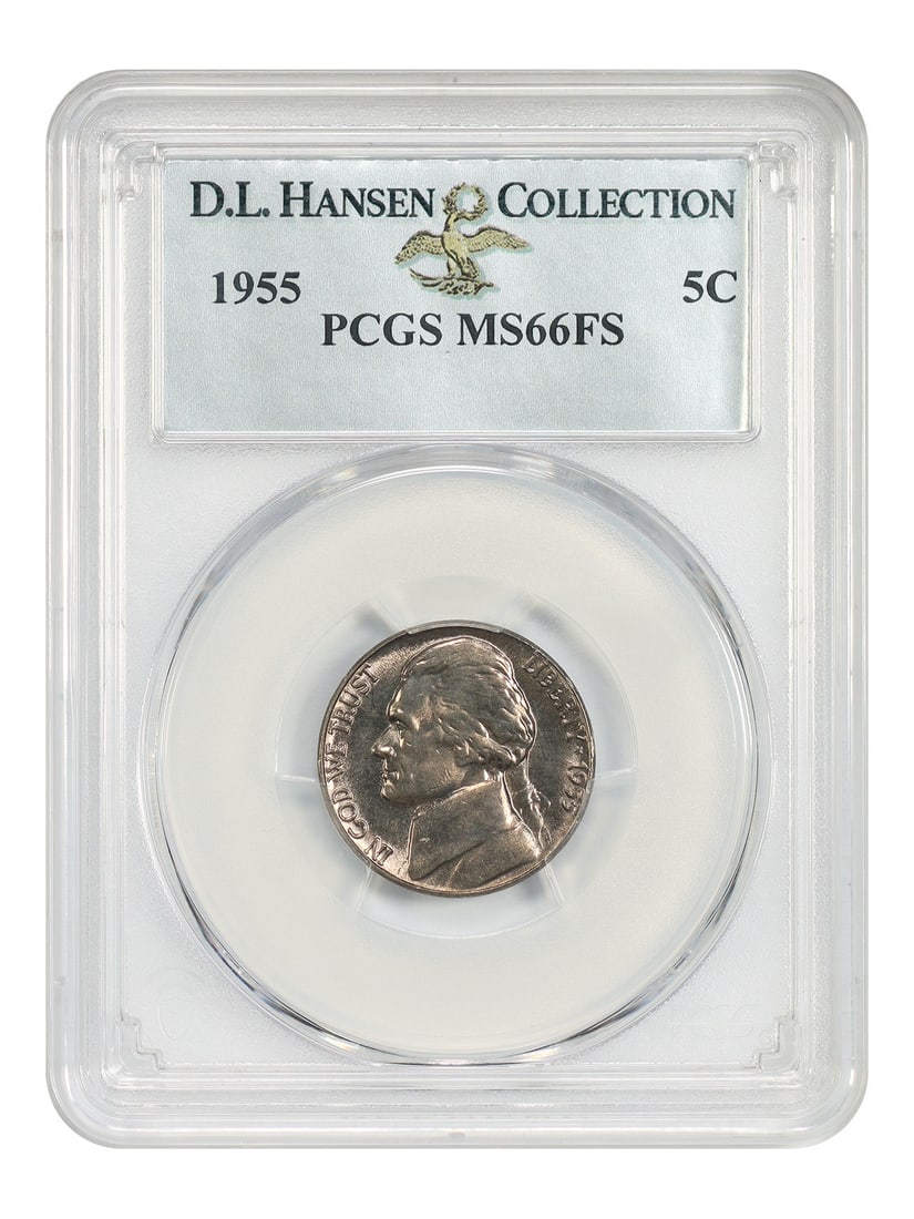 PCGS MS66FS 1955 Jefferson Nickel ex D.L. Hansen 5C: PCGS MS66FS 1955 Jefferson Nickel ex D.L. Hansen 5C 1955 Jefferson Nickel certified by PCGS as MS66FS. This uncirculated example is described as a spectacularly lustrous gem with golden color througho