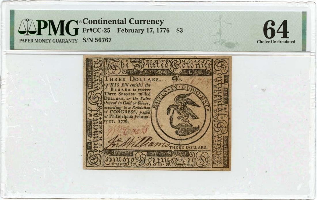 1776 $3 Continental Currency CC-25 PMG MS64 Uncirculated Note: 1776 $3 Continental Currency CC-25 PMG MS64 Uncirculated Note This $3 Continental Currency note, dated February 17, 1776, is a remarkable piece of American history. Graded MS64 by PMG, it is in uncirc