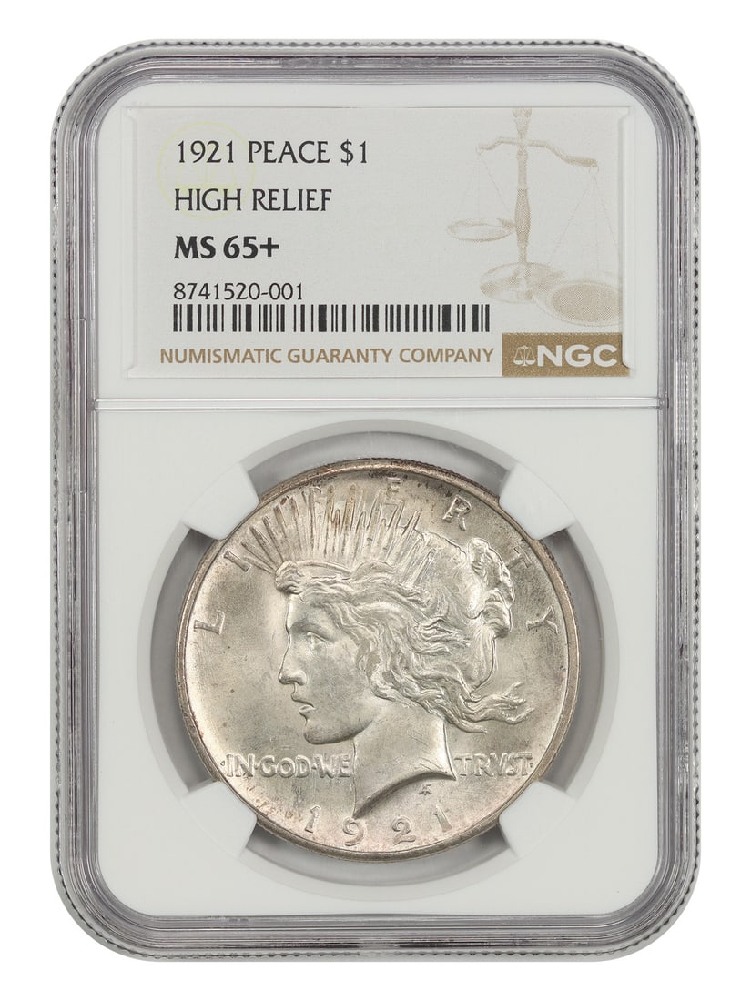 NGC MS65+ 1921 Peace Dollar $1 High Relief First Year Issue: NGC MS65+ 1921 Peace Dollar $1 High Relief First Year Issue 1921 Peace Dollar, a first-year key issue and the only Peace Dollar struck in high relief. This certified example is graded NGC MS65+ and is