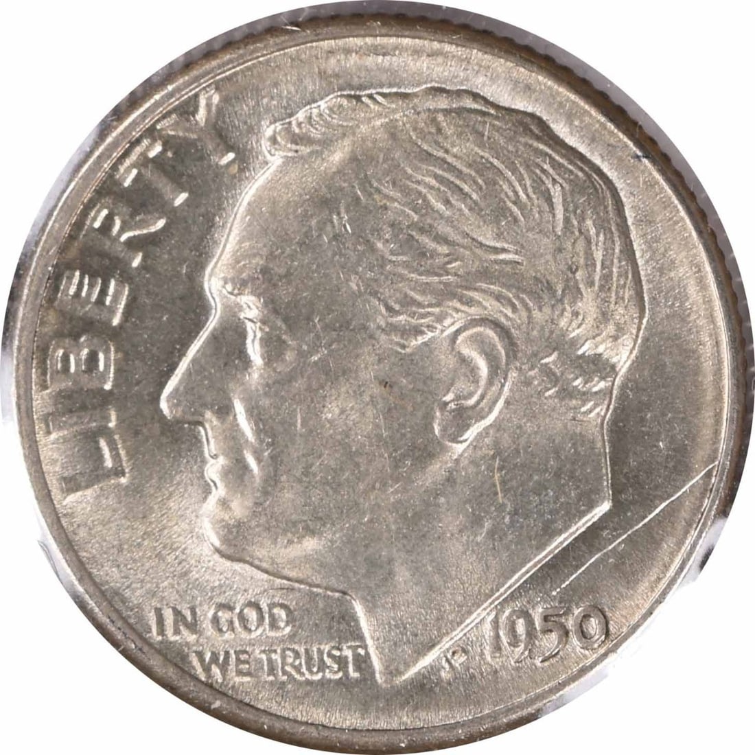 1950-D Silver Roosevelt Dime DDR FS-801 Uncertified Choice BU+: 1950-D Silver Roosevelt Dime DDR FS-801 Uncertified Choice BU+ This 1950-D Roosevelt Dime is an uncirculated silver coin featuring the Doubled Die Reverse (DDR) FS-801 variety. Graded as Choice BU+, i